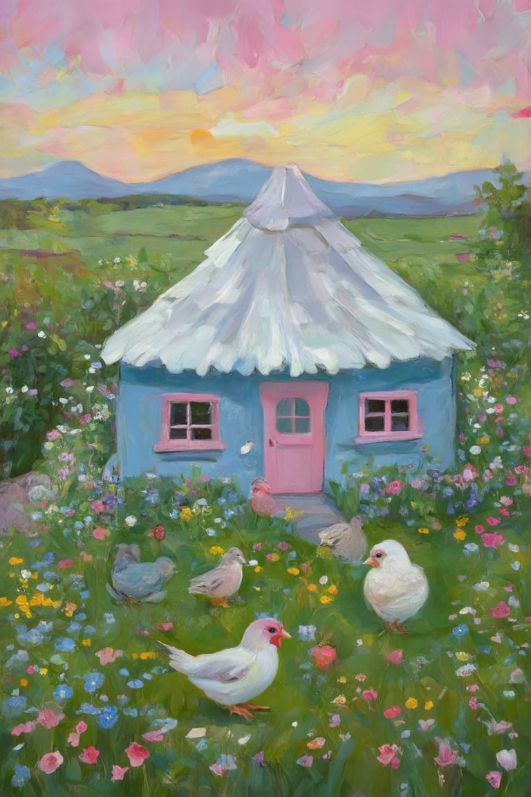 a vibrant and whimsical garden scene centered around a quaint cottage. The architecture of the cottage is simplistic, with a white roof and pink door and window frames, which contrast against the blue walls. The garden is lush and colorful, featuring an array of flowers and plants that add to the idyllic atmosphere. The presence of birds and chickens suggests a peaceful coexistence with nature. The sky is painted in warm hues of pink and yellow, indicating either sunrise or sunset, which adds a sense of tranquility to the scene. The overall impression is one of a serene and picturesque setting, likely meant to evoke feelings of calm and contentment.,Claude Monet,pastel brushstrokes,Coquette aesthetic,
