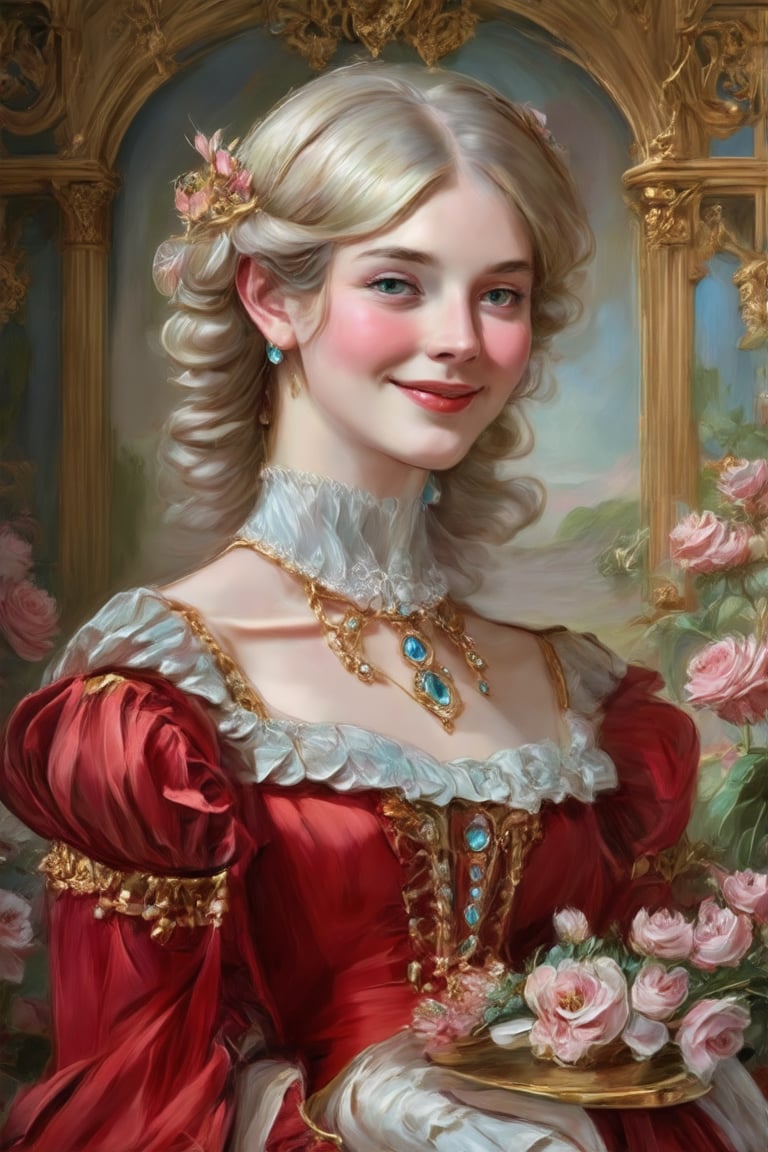 A serene Rococo-inspired masterpiece, set against a complex background of intricately rendered floral patterns and subtle textures. A stunning young woman, radiant in a flowing red dress, warmly smiles with beautifully detailed eyes that seem to sparkle like gemstones. Her gaze is soft and inviting, as if sharing a secret only with the viewer. The overall lighting is warm and gentle, with soft shadows accentuating her porcelain complexion. The entire scene is brought to life through vivid, UHD-quality oil paint strokes, evoking the opulence and elegance of 18th-century European art.Claude Monet,pastel brushstrokes,Coquette aesthetic