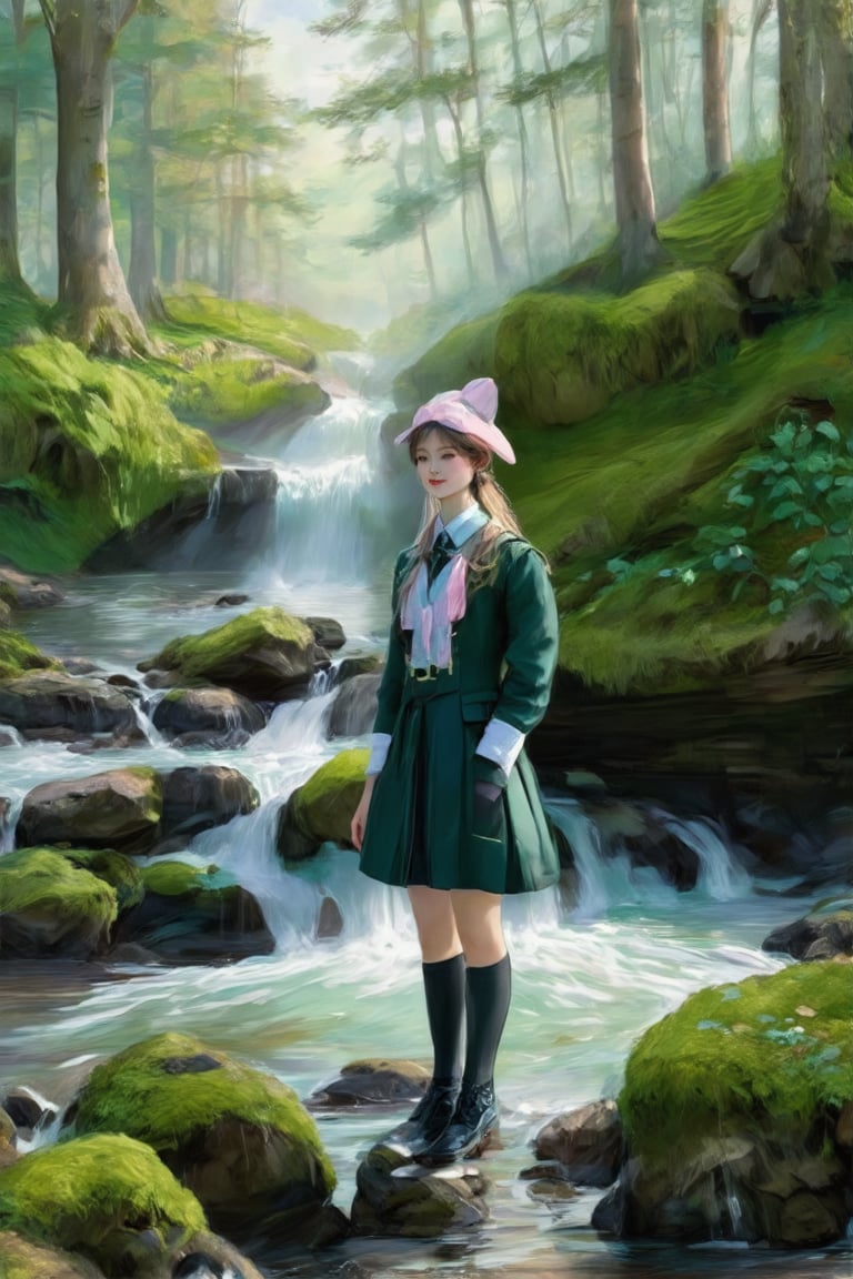 A young female protagonist, clad in a traditional school uniform, stands at the edge of a tranquil stream, surrounded by the soothing sounds of water cascading down moss-covered rocks. The lush greenery and vibrant foliage create a serene atmosphere, as the gentle mist from the waterfall dances around her. She gazes off into the distance, lost in thought, amidst this idyllic natural setting.Claude Monet,pastel brushstrokes,Coquette aesthetic