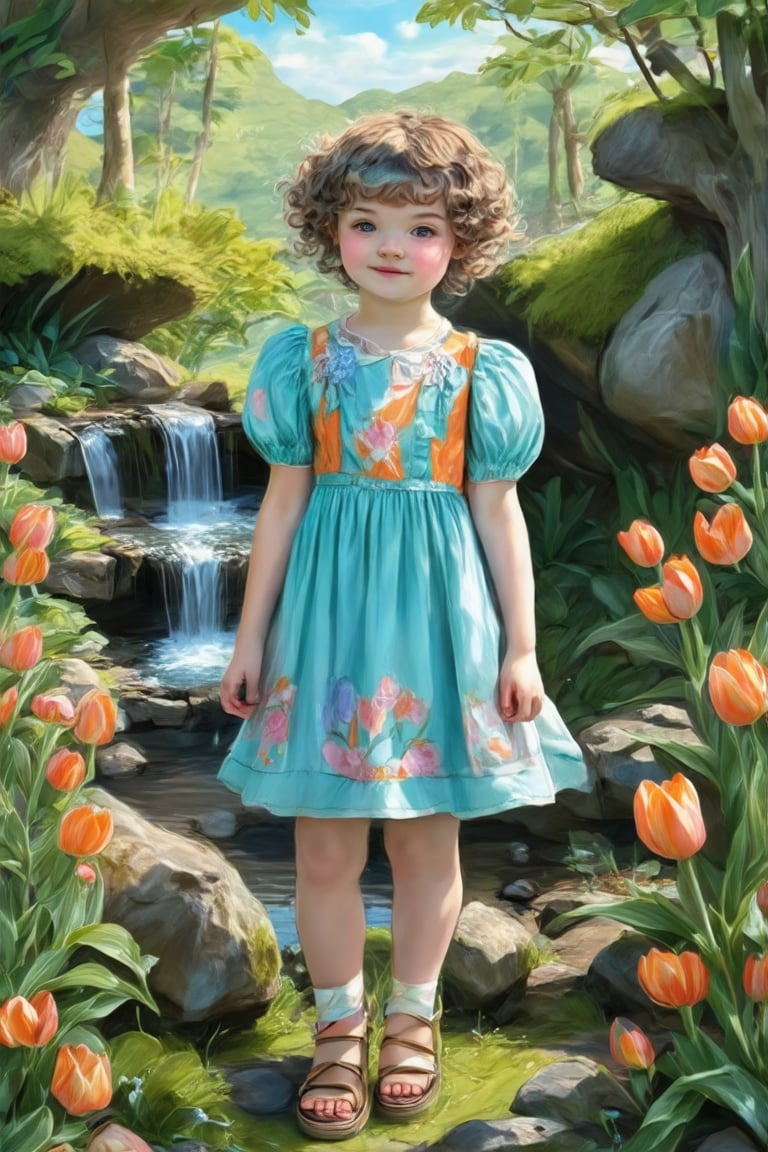 a young girl standing in a natural setting that appears to be a garden. She is positioned in the center of the frame, with her body facing towards the camera and her head turned slightly to her left, giving a sense of engagement with the viewer. The girl has curly hair and is wearing a blue dress adorned with an orange pattern, which complements the vibrant orange tulips surrounding her. Her footwear consists of sandals, suggesting a casual, leisurely atmosphere. The background features a small waterfall, lush green moss, and rocks, contributing to the serene and picturesque quality of the scene. The overall impression is one of a peaceful, idyllic moment captured in a garden setting..,pastel brushstrokes,Coquette aesthetic