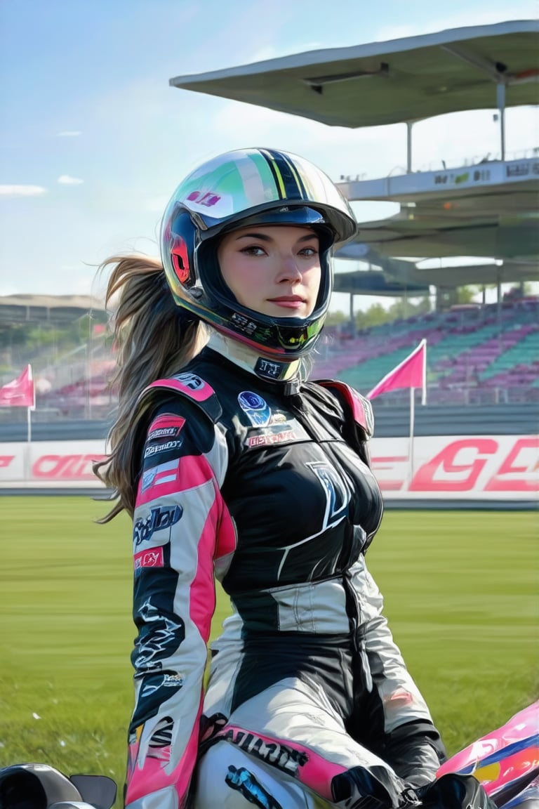 A confident female race driver gazing directly over her shoulder at the viewer, her eyes radiating determination and focus. She wears a sleek helmet and racing suit, her long hair tied back in a ponytail. The sun casts a warm glow on the lush green of the race track, with grandstands and flags blurred in the background. Her pose exudes authority, as if daring anyone to challenge her speed.Claude Monet,pastel brushstrokes,Coquette aesthetic