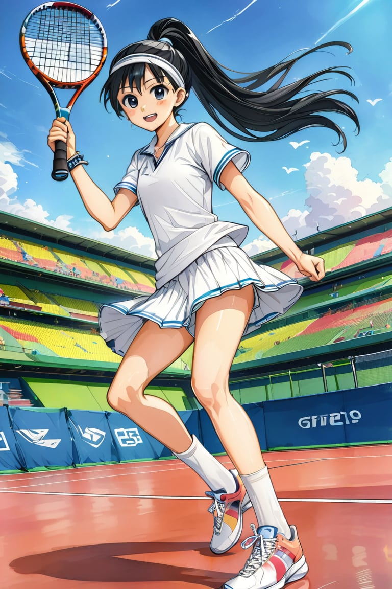 Masterpiece, 1 girl, solo, skirt, black hair, ponytail, jewelry, girl focus, necklace, white skirt, sportswear, tennis uniform, holding racket, tennis racket, dynamic pose, photo with racket, Dennis court, Olympic venue,1girl,Anime style,kawaii,vspop