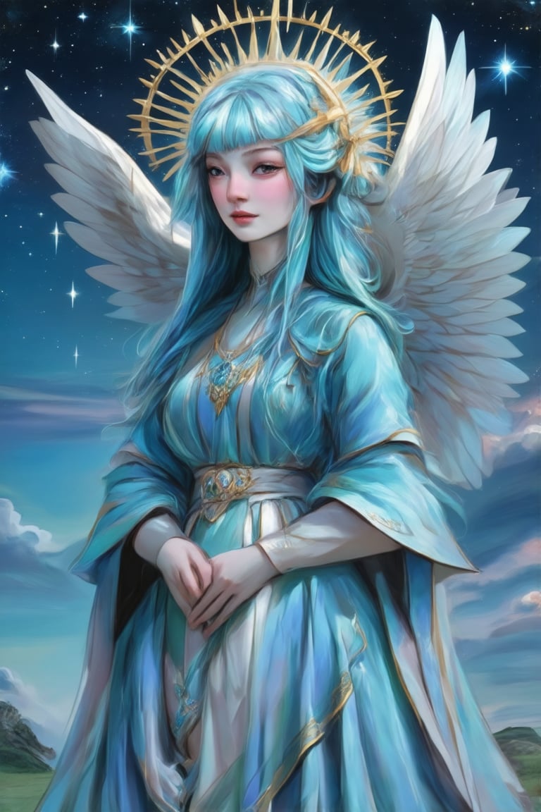 an ethereal female figure with a celestial theme. She has long, flowing blue hair and is adorned with a halo of golden spikes above her head, suggesting an angelic nature. Her attire is reminiscent of a robe or gown, with blue tones that complement her hair. The figure's pose is contemplative or serene, with her hands gently touching her chest. The background is a starry night sky, adding to the heavenly atmosphere of the artwork. There are no explicit indications of gender or race as the subject is not human; it is a stylized representation likely intended for artistic expression rather than realistic depiction.,Claude Monet,pastel brushstrokes,Coquette aesthetic