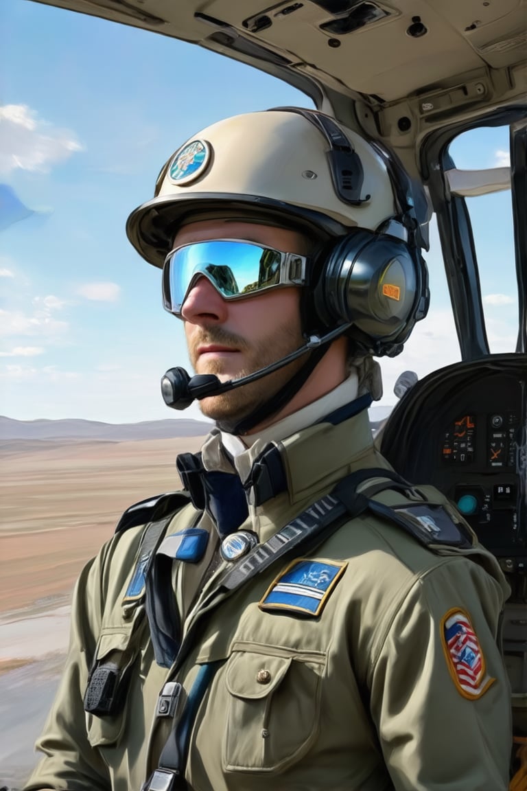 a person dressed in a pilot's uniform, suggesting a role that involves flying or operating aircraft. The helmet with a reflective visor indicates a need for eye protection, which is common in aviation to shield against sunlight and glare. The headset implies communication is essential for the individual's role, likely for coordinating with ground control or other pilots. The overall attire and equipment suggest a professional setting where safety and communication are paramount.Claude Monet,pastel brushstrokes,Coquette aesthetic