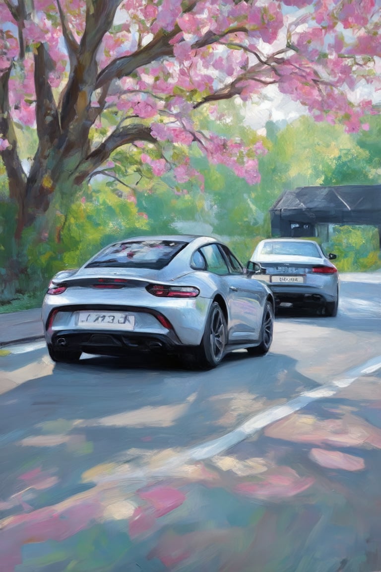 A serene cityscape during peak cherry blossom season: a winding road stretches out from beneath the vibrant pink blooms of a majestic tree, while a sleek, silver car glides effortlessly along the asphalt, its reflection mirrored in the shiny black surface of a nearby building. The scenery is framed by lush greenery and a subtle mist, with the ground vehicle's wheels barely visible as it disappears around the bend.,Claude Monet,pastel brushstrokes,Coquette aesthetic