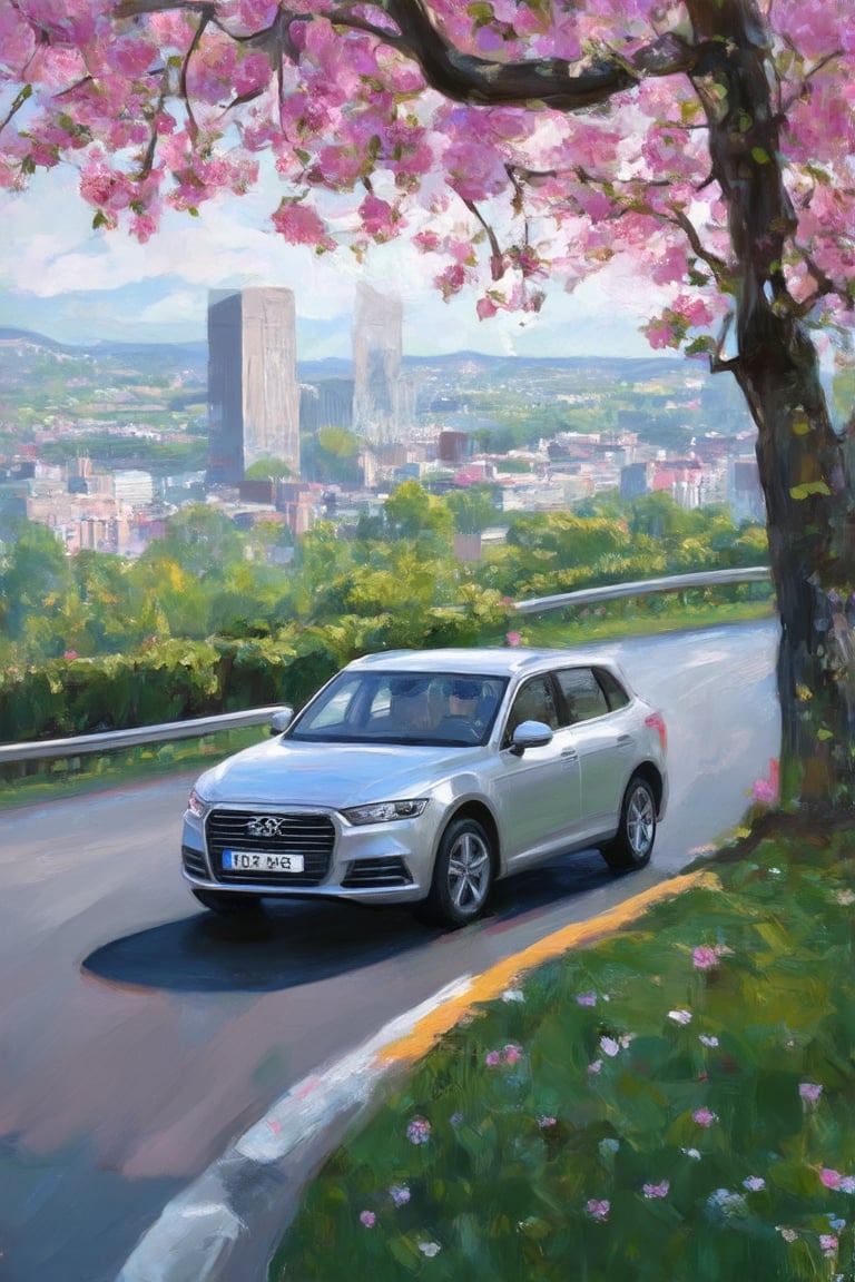 A serene cityscape bathed in warm sunlight, peak cherry blossom season unfolds: majestic tree's vibrant pink blooms cascade above winding road, silver car glides along asphalt, reflection mirrored on nearby building's shiny black surface. Lush greenery frames scenery, subtle mist veils all, ground vehicle's wheels fade into distance as it disappears around bend, serene atmosphere prevails.,Claude Monet,pastel brushstrokes,Coquette aesthetic