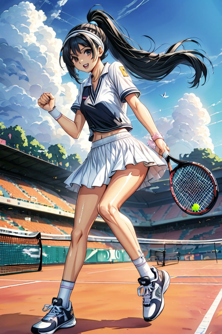 Masterpiece, 1 girl, solo, skirt, black hair, ponytail, jewelry, girl focus, necklace, white skirt, sportswear, tennis uniform, holding racket, tennis racket, dynamic pose, photo with racket, Dennis court, Olympic venue,1girl,Anime style,kawaii,vspop