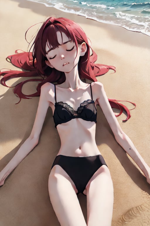 a very skinny girl, extreme skinny, 21 years old, clearly of legal age, lace and sexy underwear, outside, on a tropical island, at the beach, lying in the sand, malnourished, starving, fainting from hunger, rubbing her empty growling stomach, squinting, getting unconscious, exhausted, tired, about to faint, twilight, intimacy, soft lighting, masterpiece, best quality, high quality, highres, absurdres, very detailed, high resolution, sharp, sharp image, 8k, vivid, colorful, stunning, anime, aesthetic, skinny