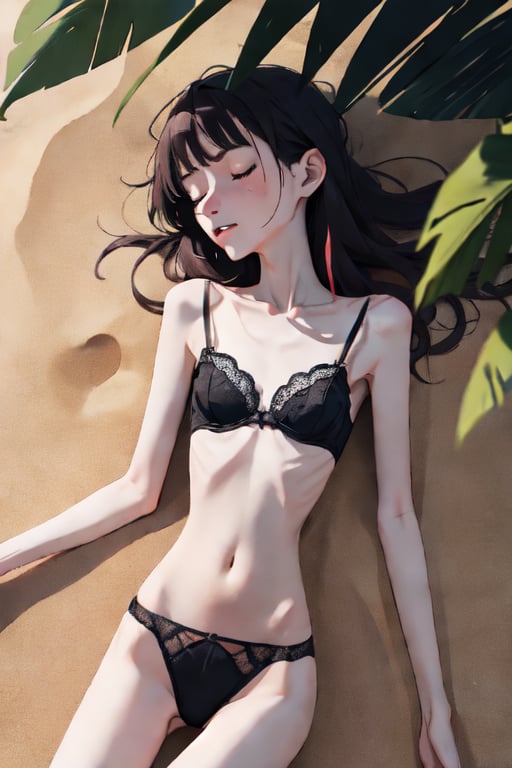 a very skinny girl, extreme skinny, 21 years old, clearly of legal age, lace and sexy underwear, outside, on a tropical island, at the beach, lying in the sand, malnourished, starving, fainting from hunger, rubbing her empty growling stomach, squinting, getting unconscious, exhausted, tired, about to faint, twilight, intimacy, soft lighting, masterpiece, best quality, high quality, highres, absurdres, very detailed, high resolution, sharp, sharp image, 8k, vivid, colorful, stunning, anime, aesthetic, skinny