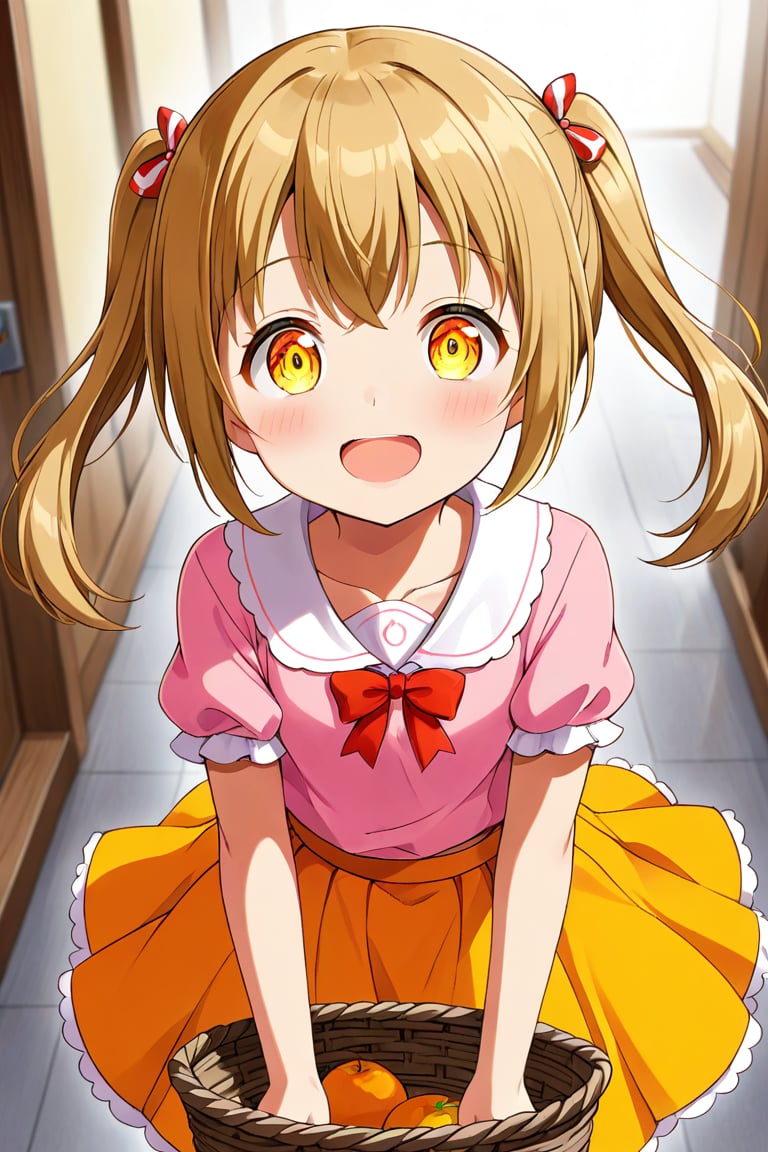 2_girls. loli hypnotized, happy_face, yellow_hair, brown hair, front_view, twin_tails, yellow_eyes, basket, pink shirt, orange skirt, 