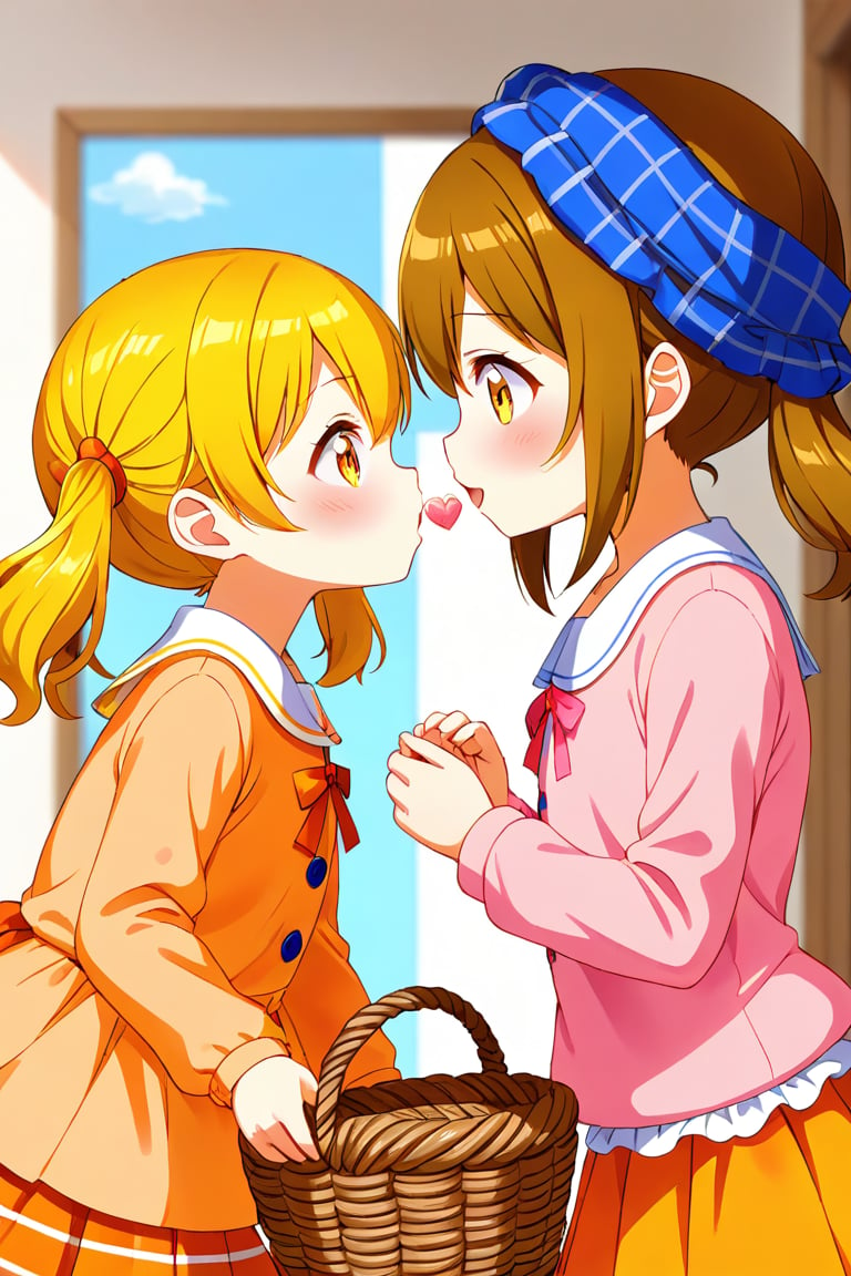 2_girls. loli hypnotized, happy_face, yellow_hair, brown hair, side_view, twin_tails, yellow_eyes, basket, pink shirt, orange skirt, kissing