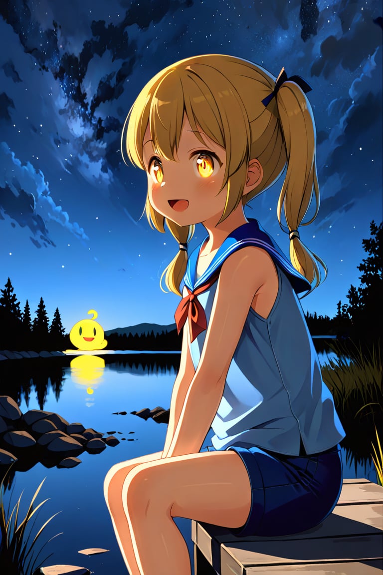 2_girls. loli hypnotized, happy_face, yellow_hair, brown hair, side_view, twin_tails, yellow_eyes, night lake, scout, blue shirt, blue short pants, sitting