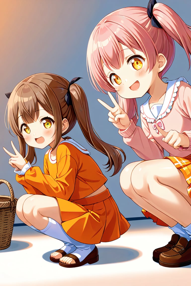 2_girls. loli hypnotized, happy_face, pink_hair, brown hair, side_view, twin_tails, yellow_eyes, basket, orange shirt, orange skirt, squatting, peace fingers