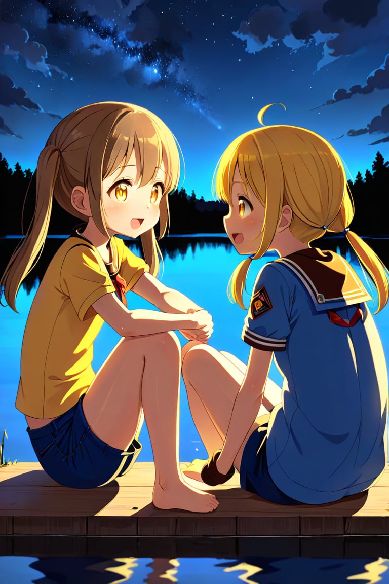 2_girls. loli hypnotized, happy_face, yellow_hair, brown hair, side_view, twin_tails, yellow_eyes, night lake, scout, blue shirt, blue short pants, sitting