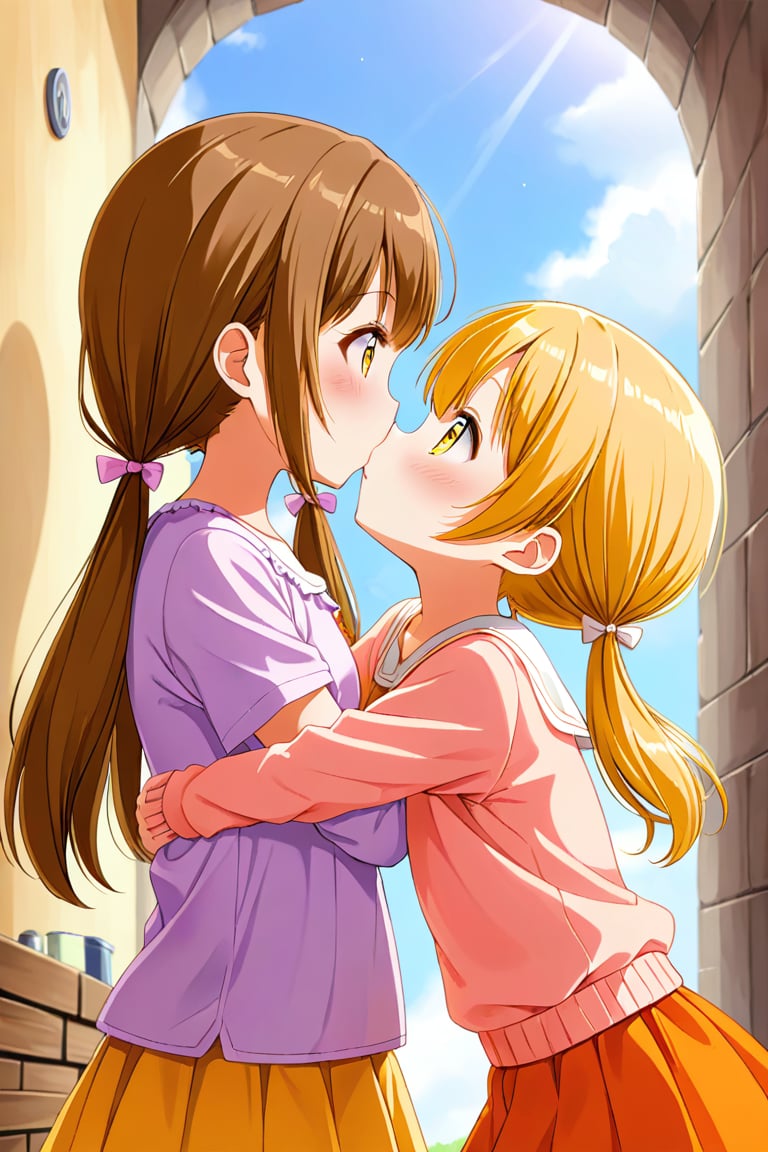 2_girls. loli hypnotized, happy_face, yellow_hair, brown hair, side_view, twin_tails, yellow_eyes, basket, pink shirt, orange skirt, kissing, hugging