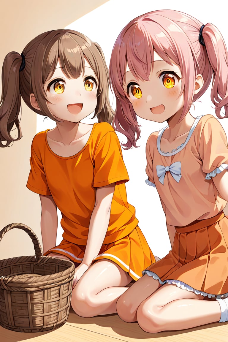 2_girls. loli hypnotized, happy_face, pink_hair, brown hair, side_view, twin_tails, yellow_eyes, basket, orange shirt, orange skirt, sitting