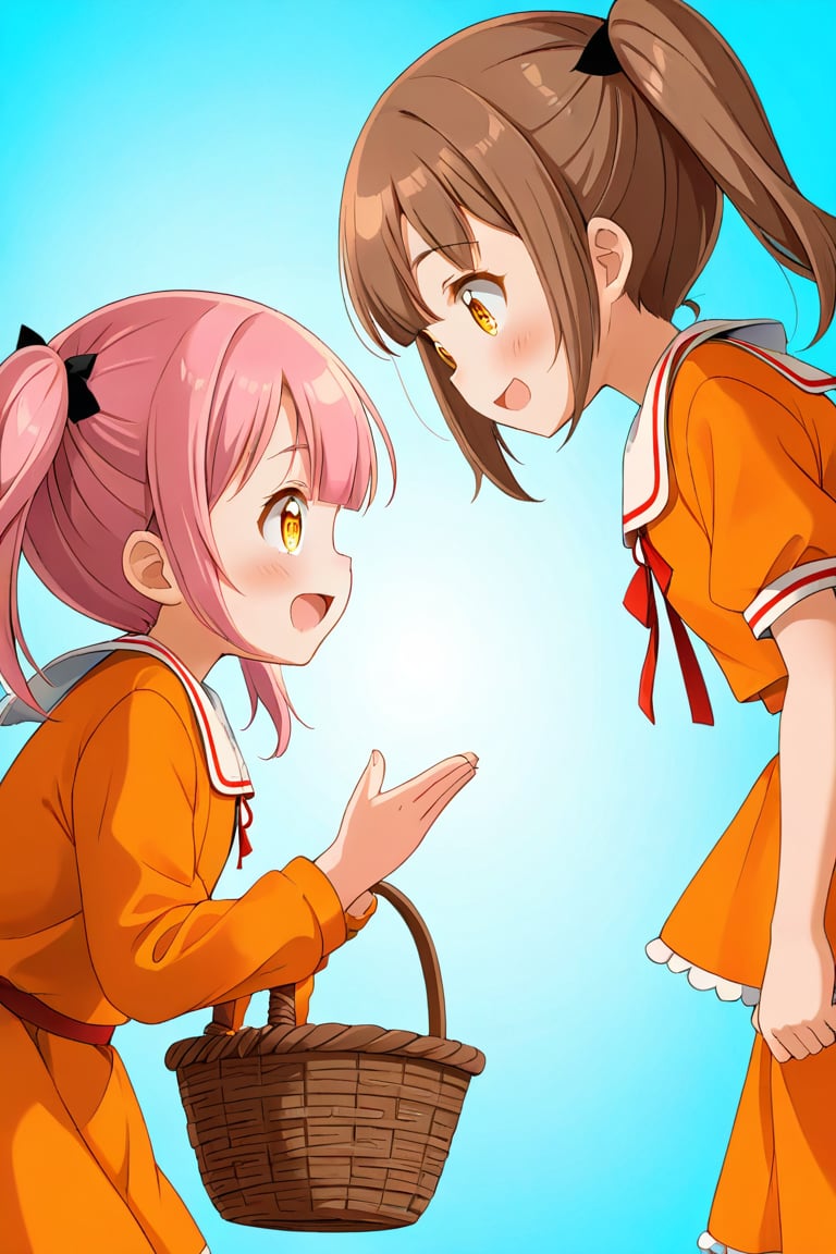 2_girls. loli hypnotized, happy_face, pink_hair, brown hair, side_view, twin_tails, yellow_eyes, basket, orange shirt, orange skirt, crouched, 