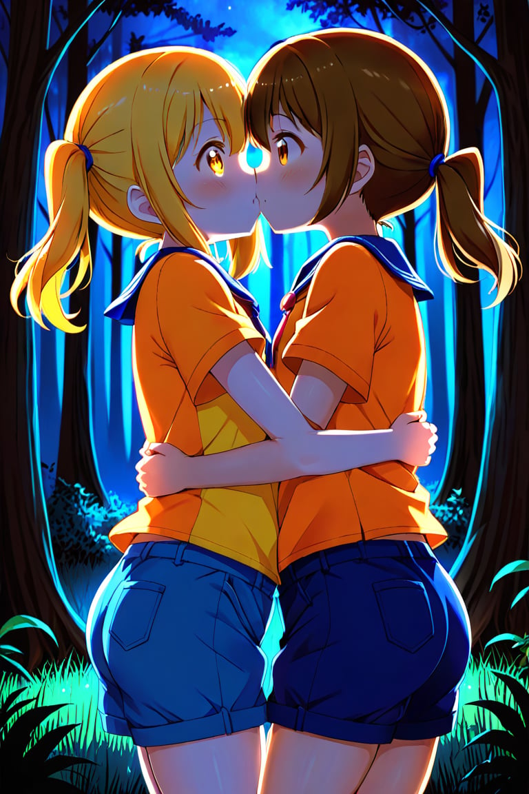 2_girls. loli hypnotized, happy_face, yellow_hair, brown hair, side_view, twin_tails, yellow_eyes, night forest, scout, orange shirt, blue short pants, hugging, kissing