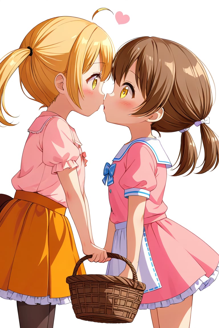 2_girls. loli hypnotized, happy_face, yellow_hair, brown hair, side_view, twin_tails, yellow_eyes, basket, pink shirt, orange skirt, kissing