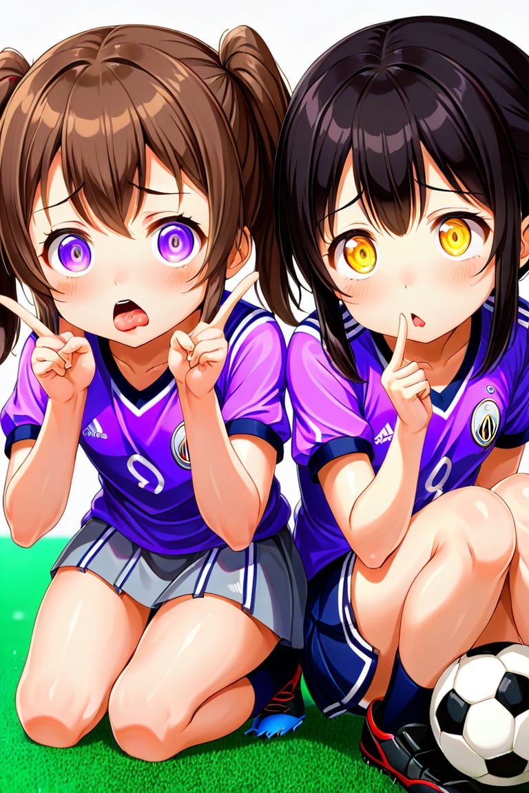 2_girls. loli hypnotized, sad_face, black_hair, brown hair, side_view, twin_tails, yellow_eyes, soccer, purple shirt, gray skirt, sticking_out_tongue, crouched, peace fingers