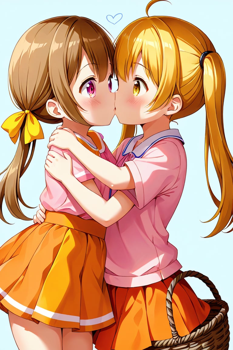 2_girls. loli hypnotized, happy_face, yellow_hair, brown hair, side_view, twin_tails, yellow_eyes, basket, pink shirt, orange skirt, kissing, hugging