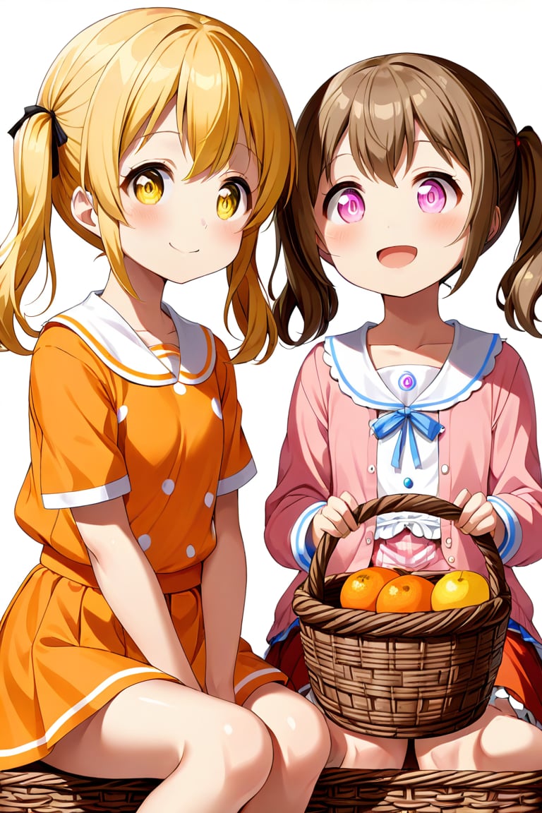 2_girls. loli hypnotized, happy_face, yellow_hair, brown hair, side_view, twin_tails, yellow_eyes, basket, pink shirt, orange skirt, sitting