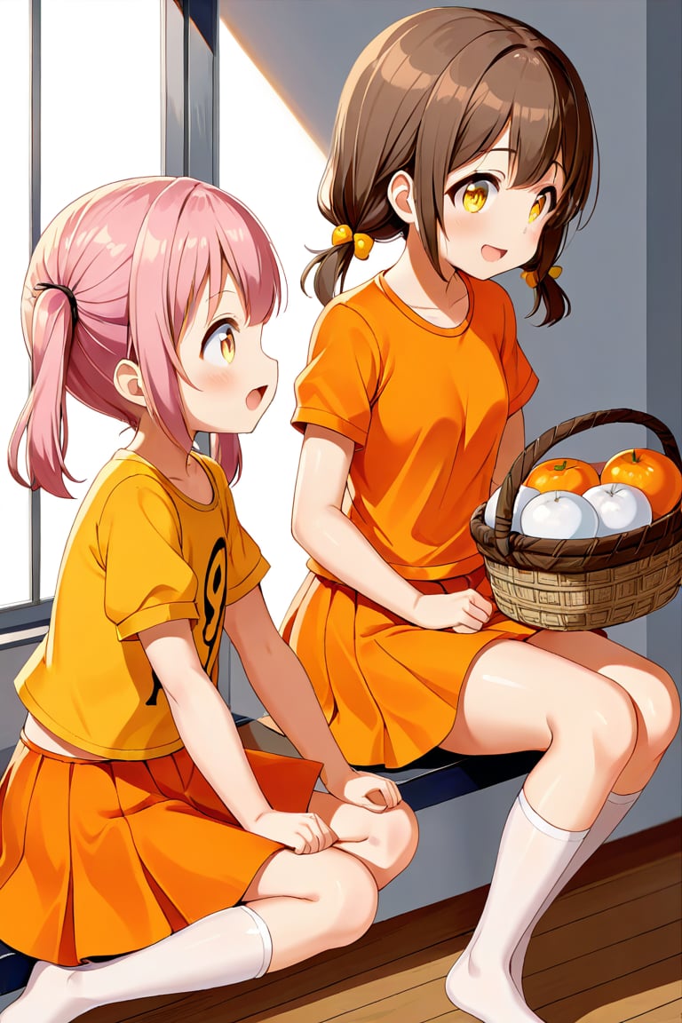 2_girls. loli hypnotized, happy_face, pink_hair, brown hair, side_view, twin_tails, yellow_eyes, basket, orange shirt, orange skirt, sitting