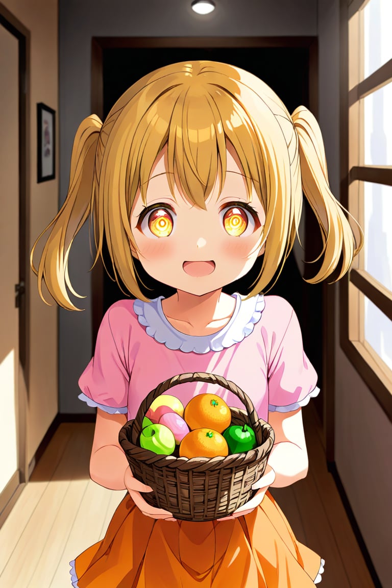 2_girls. loli hypnotized, happy_face, yellow_hair, brown hair, front_view, twin_tails, yellow_eyes, basket, pink shirt, orange skirt, 