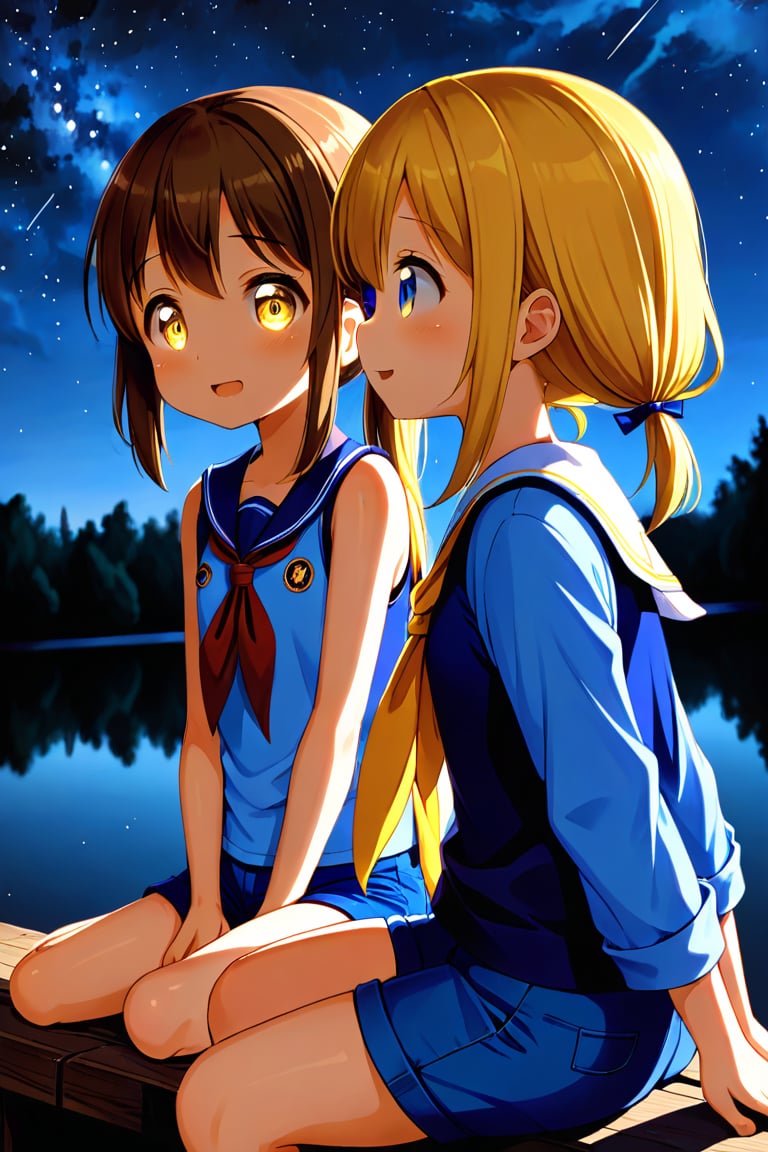 2_girls. loli hypnotized, happy_face, yellow_hair, brown hair, side_view, twin_tails, yellow_eyes, night lake, scout, blue shirt, blue short pants, sitting, hugging