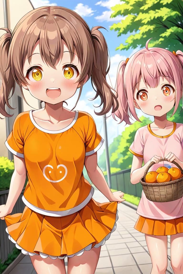 2_girls. loli hypnotized, happy_face, pink_hair, brown hair, front_view, twin_tails, yellow_eyes, basket, orange shirt, orange skirt, 