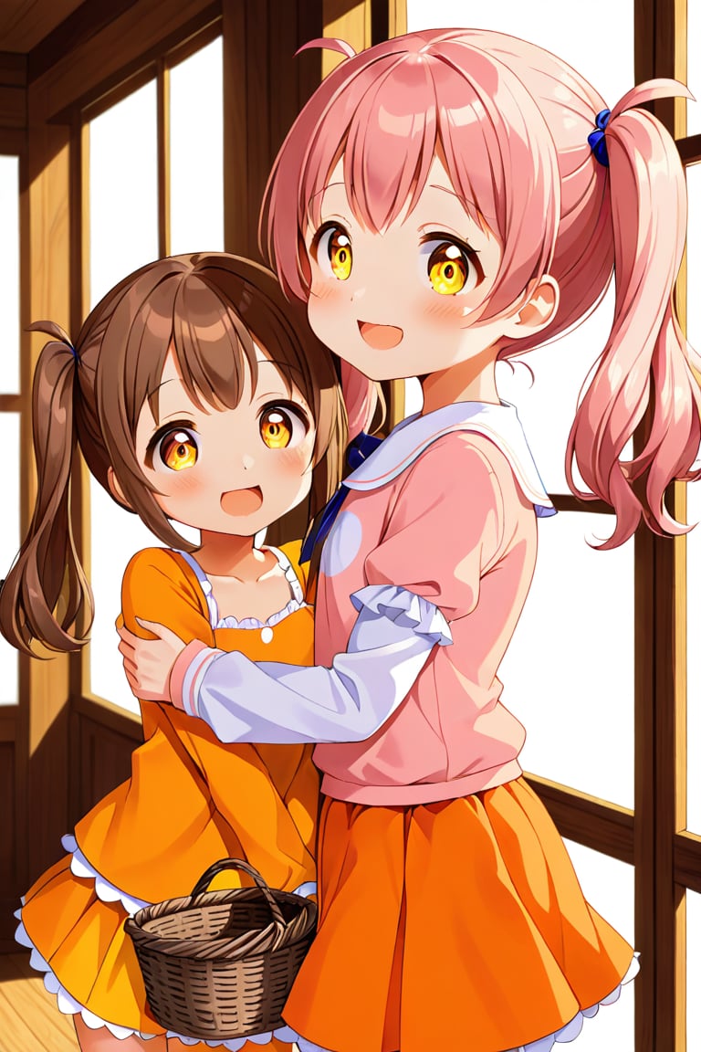 2_girls. loli hypnotized, happy_face, pink_hair, brown hair, side_view, twin_tails, yellow_eyes, basket, orange shirt, orange skirt, hugging