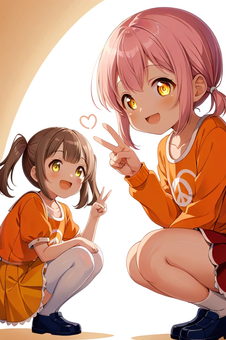 2_girls. loli hypnotized, happy_face, pink_hair, brown hair, side_view, twin_tails, yellow_eyes, basket, orange shirt, orange skirt, squatting, peace fingers