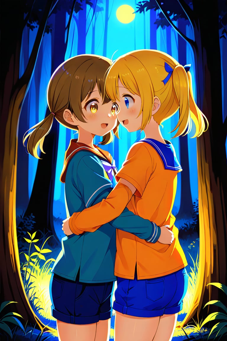 2_girls. loli hypnotized, happy_face, yellow_hair, brown hair, side_view, twin_tails, yellow_eyes, night forest, scout, orange shirt, blue short pants, hugging