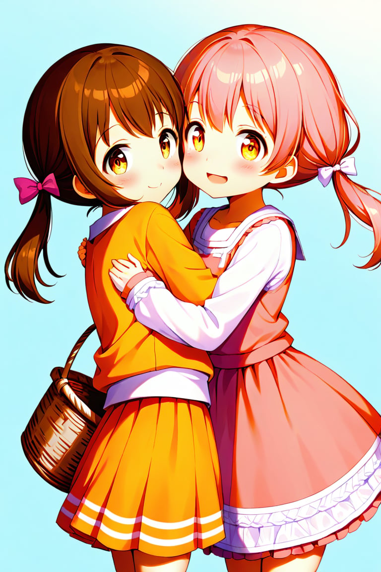 2_girls. loli hypnotized, happy_face, pink_hair, brown hair, side_view, twin_tails, yellow_eyes, basket, orange shirt, orange skirt, hugging