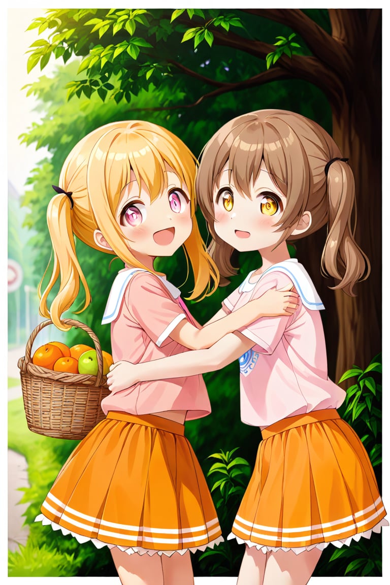 2_girls. loli hypnotized, happy_face, yellow_hair, brown hair, side_view, twin_tails, yellow_eyes, basket, pink shirt, orange skirt, hugging