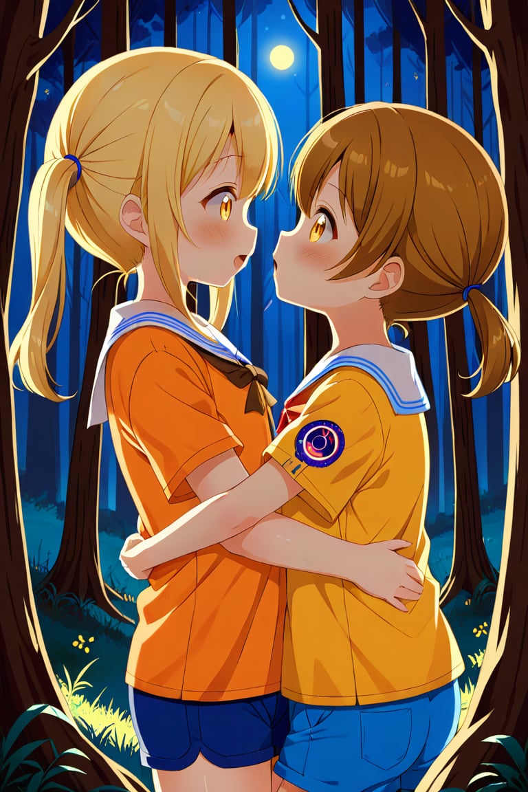 2_girls. loli hypnotized, happy_face, yellow_hair, brown hair, side_view, twin_tails, yellow_eyes, night forest, scout, orange shirt, blue short pants, hugging, kissing