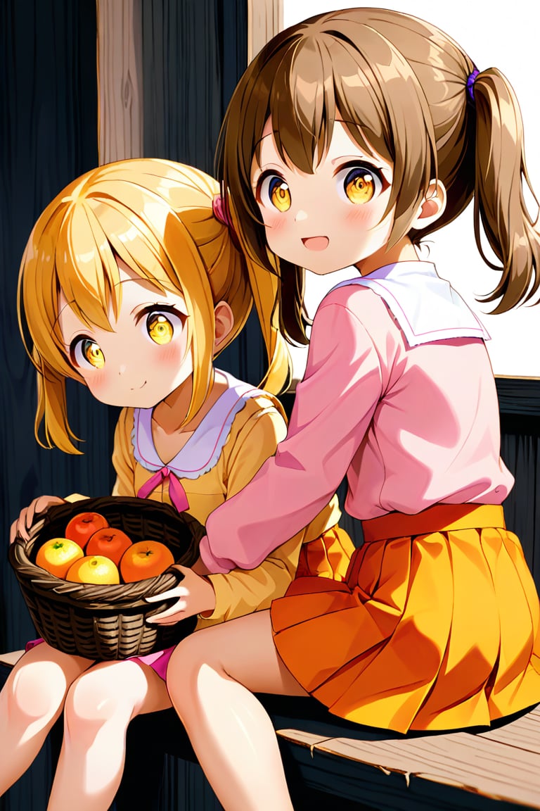 2_girls. loli hypnotized, happy_face, yellow_hair, brown hair, side_view, twin_tails, yellow_eyes, basket, pink shirt, orange skirt, sitting, hugging