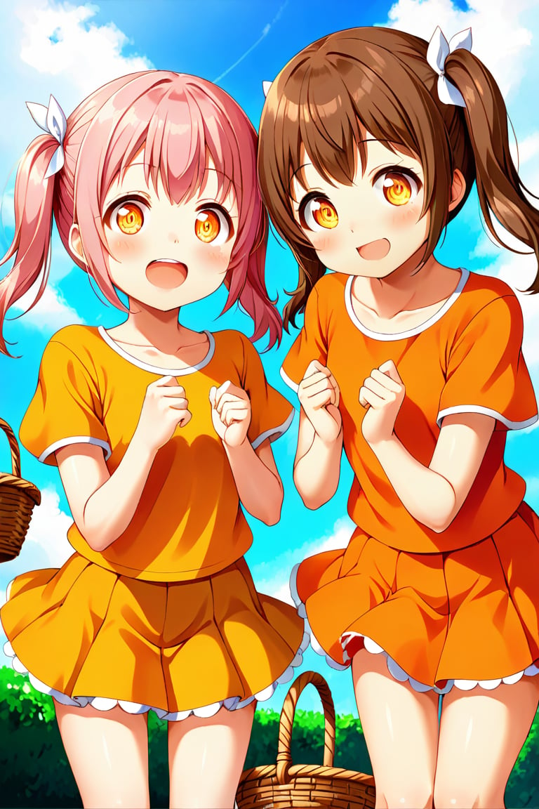 2_girls. loli hypnotized, happy_face, pink_hair, brown hair, front_view, twin_tails, yellow_eyes, basket, orange shirt, orange skirt, 