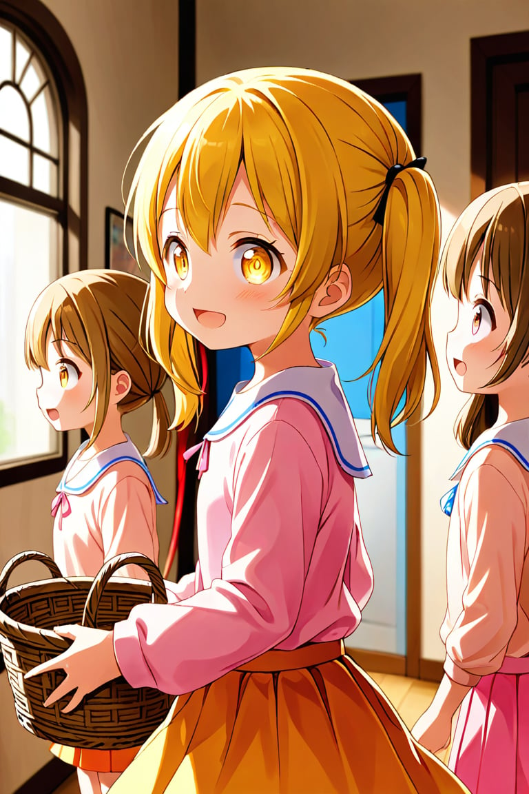 2_girls. loli hypnotized, happy_face, yellow_hair, brown hair, side_view, twin_tails, yellow_eyes, basket, pink shirt, orange skirt, 