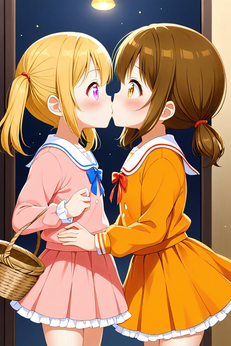 2_girls. loli hypnotized, happy_face, yellow_hair, brown hair, side_view, twin_tails, yellow_eyes, basket, pink shirt, orange skirt, kissing