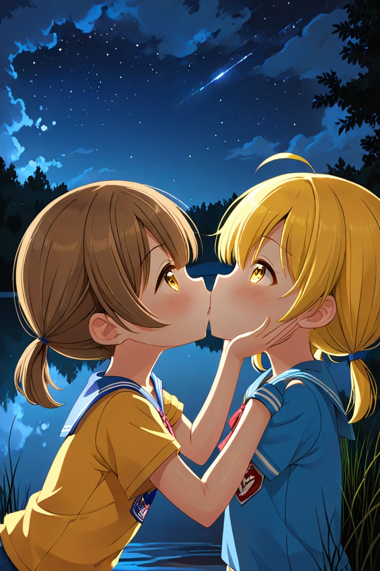 2_girls. loli hypnotized, happy_face, yellow_hair, brown hair, side_view, twin_tails, yellow_eyes, night lake, scout, blue shirt, blue short pants, lying, kissing