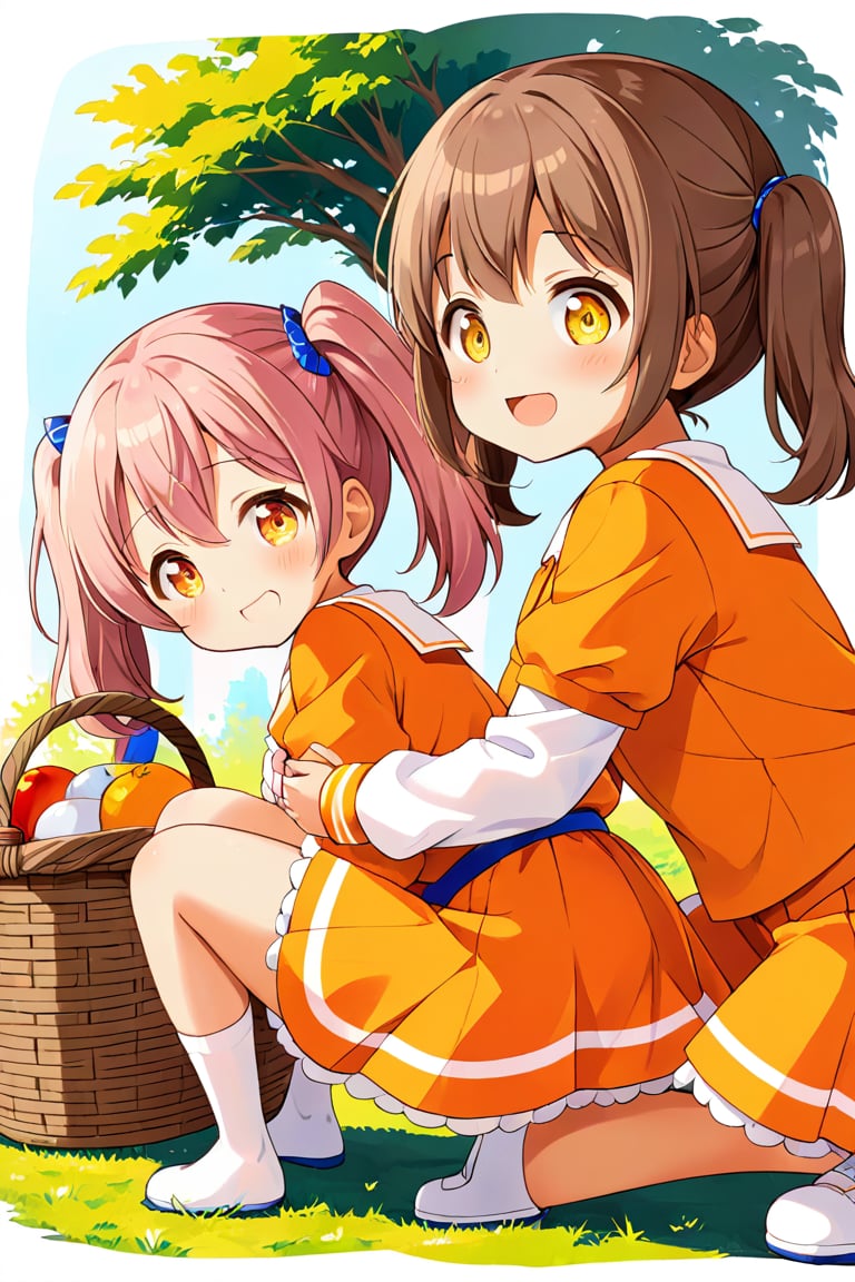 2_girls. loli hypnotized, happy_face, pink_hair, brown hair, side_view, twin_tails, yellow_eyes, basket, orange shirt, orange skirt, crouched, hugging