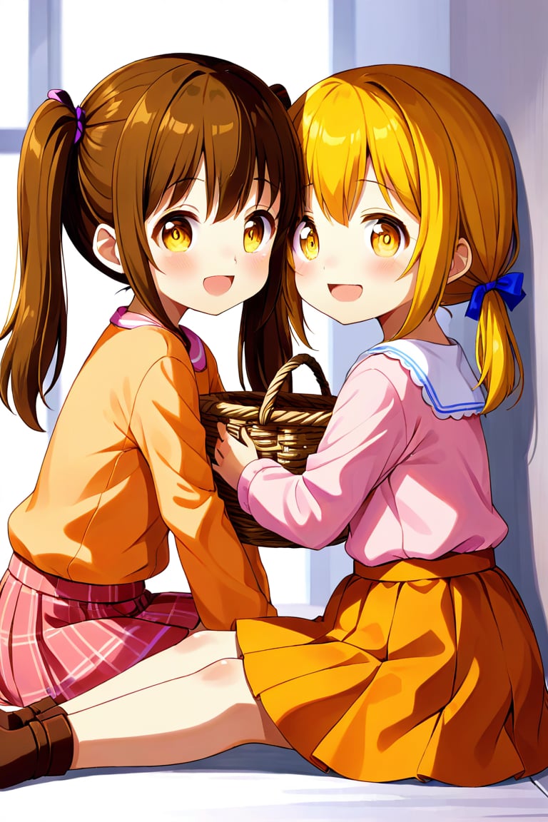 2_girls. loli hypnotized, happy_face, yellow_hair, brown hair, side_view, twin_tails, yellow_eyes, basket, pink shirt, orange skirt, sitting, hugging