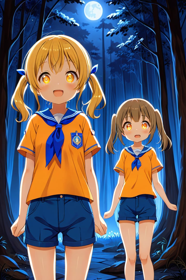 2_girls. loli hypnotized, happy_face, yellow_hair, brown hair, front_view, twin_tails, yellow_eyes, night forest, scout, orange shirt, blue short pants, 