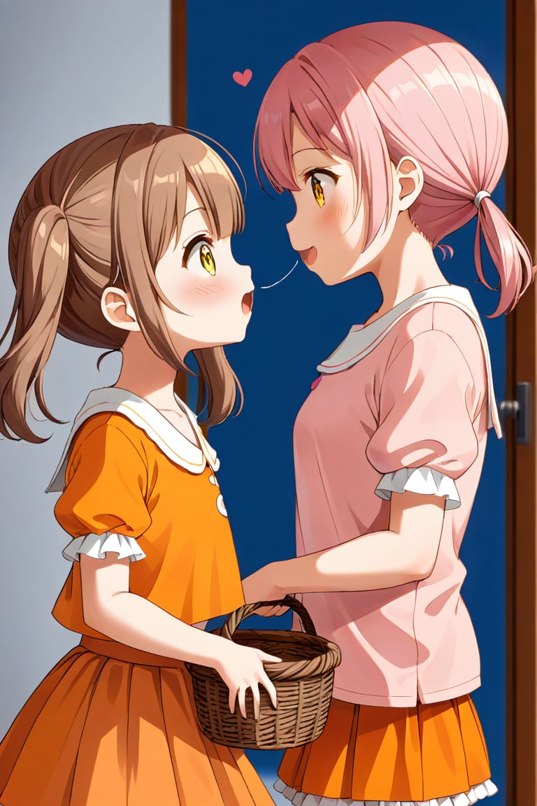 2_girls. loli hypnotized, happy_face, pink_hair, brown hair, side_view, twin_tails, yellow_eyes, basket, orange shirt, orange skirt, kissing