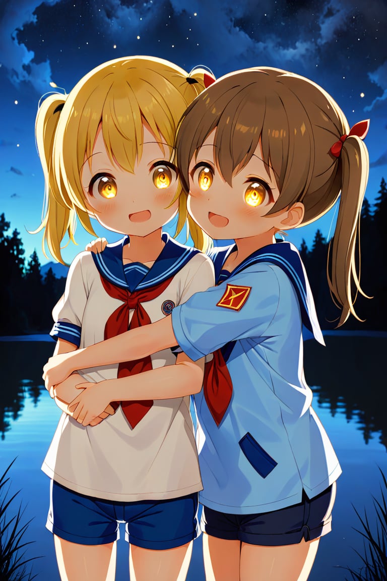 2_girls. loli hypnotized, happy_face, yellow_hair, brown hair, side_view, twin_tails, yellow_eyes, night lake, scout, blue shirt, blue short pants, hugging