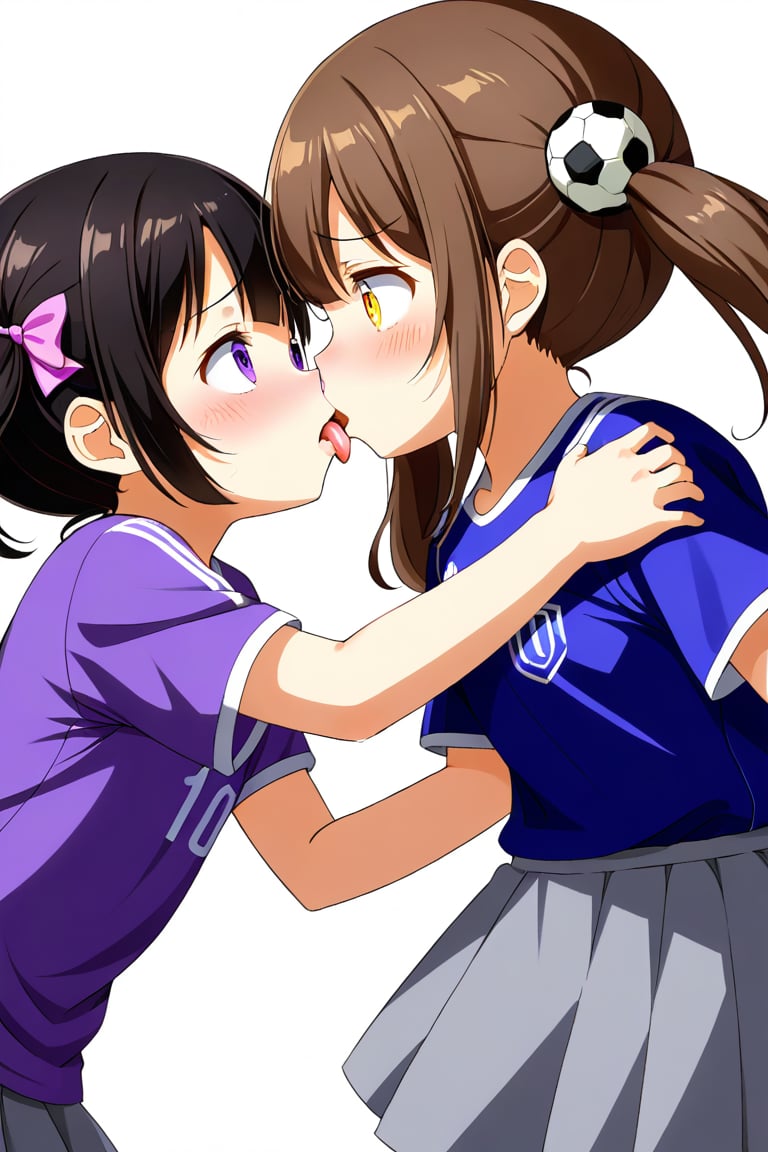 2_girls. loli hypnotized, sad_face, black_hair, brown hair, side_view, twin_tails, yellow_eyes, soccer, purple shirt, gray skirt, sticking_out_tongue, hugging, kissing