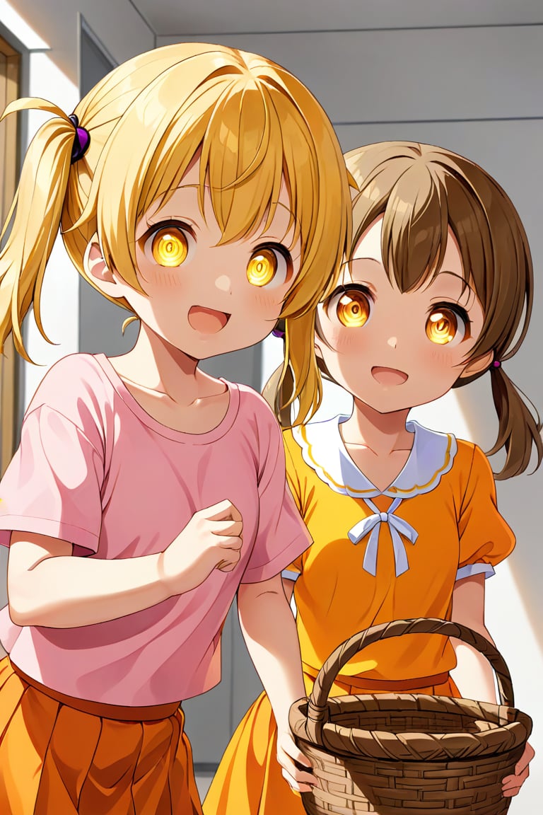 2_girls. loli hypnotized, happy_face, yellow_hair, brown hair, front_view, twin_tails, yellow_eyes, basket, pink shirt, orange skirt, 