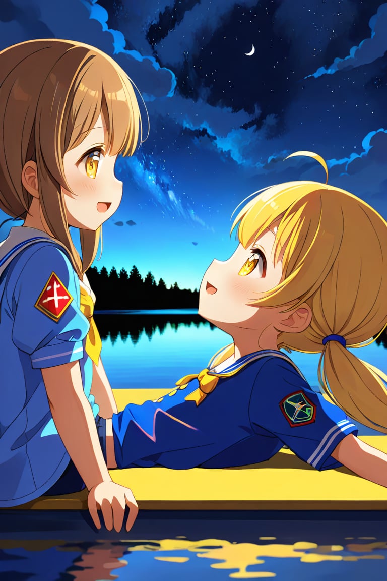 2_girls. loli hypnotized, happy_face, yellow_hair, brown hair, side_view, twin_tails, yellow_eyes, night lake, scout, blue shirt, blue short pants, lying