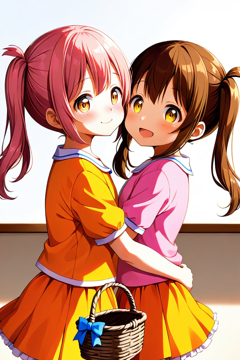 2_girls. loli hypnotized, happy_face, pink_hair, brown hair, side_view, twin_tails, yellow_eyes, basket, orange shirt, orange skirt, hugging